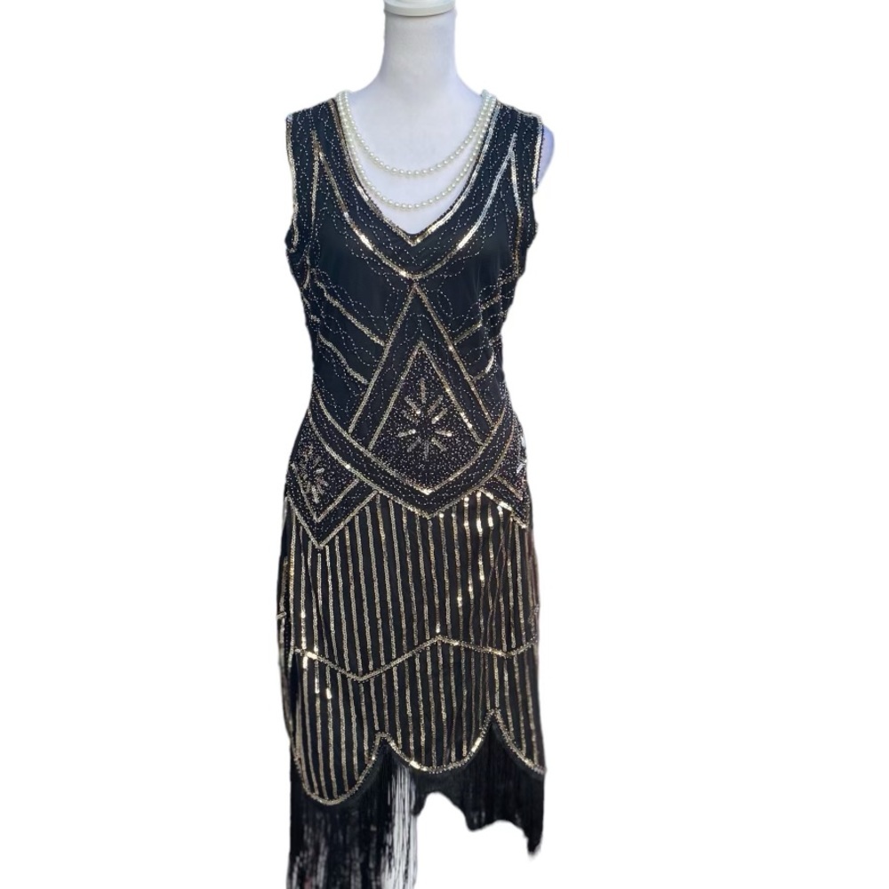 Glamorous Black and Gold Beaded Mini Dress